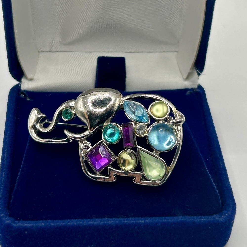 Vintage Silver Elephant Brooch with Multicolor Faux Gemstones
